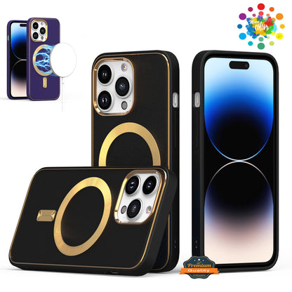 For Apple iPhone 16 (6.1") PU Leather Magnetic Case Slim Protective Cover with MagSafe Compatibility Hard PC Gold Frame Protection Case Cover