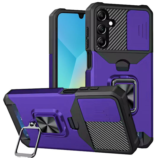 For Samsung Galaxy A16 5G Wallet Case with Ring Stand & Slide Camera Cover Credit Card Holder, Military Grade Hard Shockproof Case Cover Purple