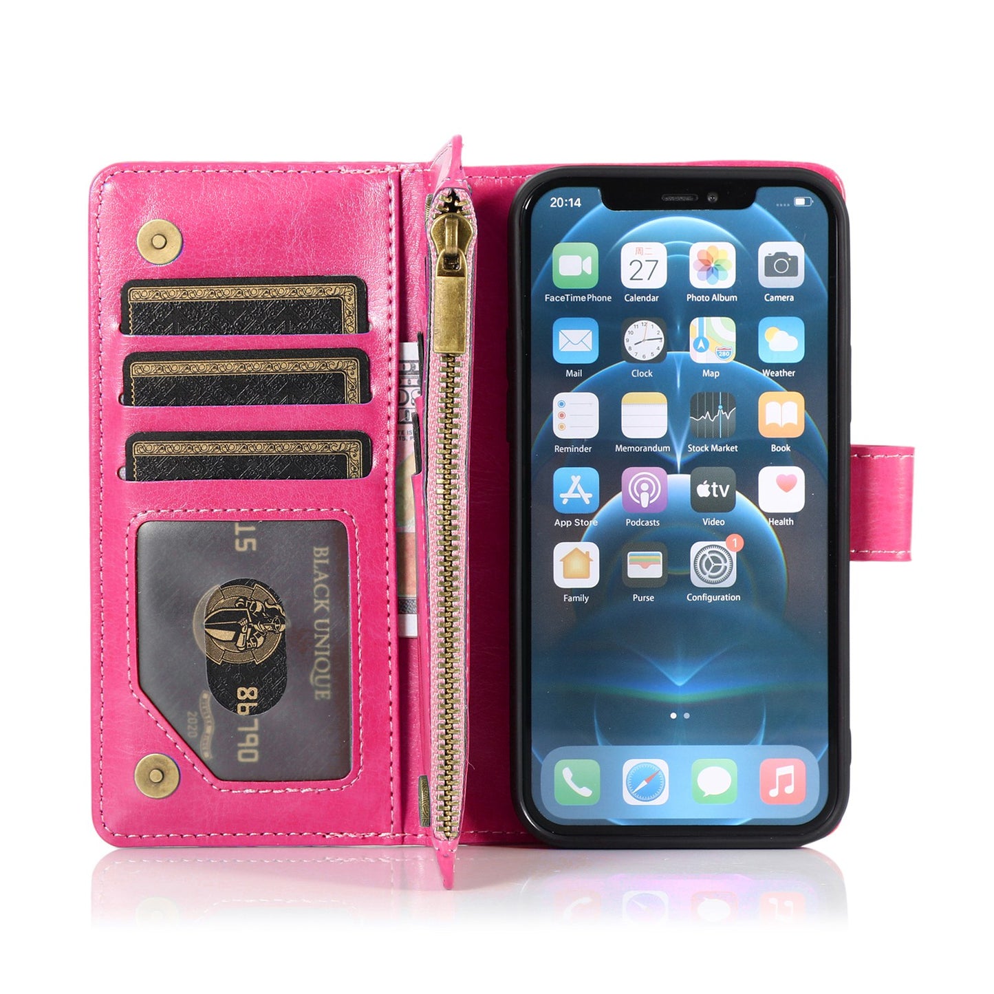 For Apple iPhone 16 (6.1") Leather Zipper Wallet Case 9 Credit Card Slots Cash Money Pocket Clutch Pouch Stand & Strap Case Cover Hot Pink