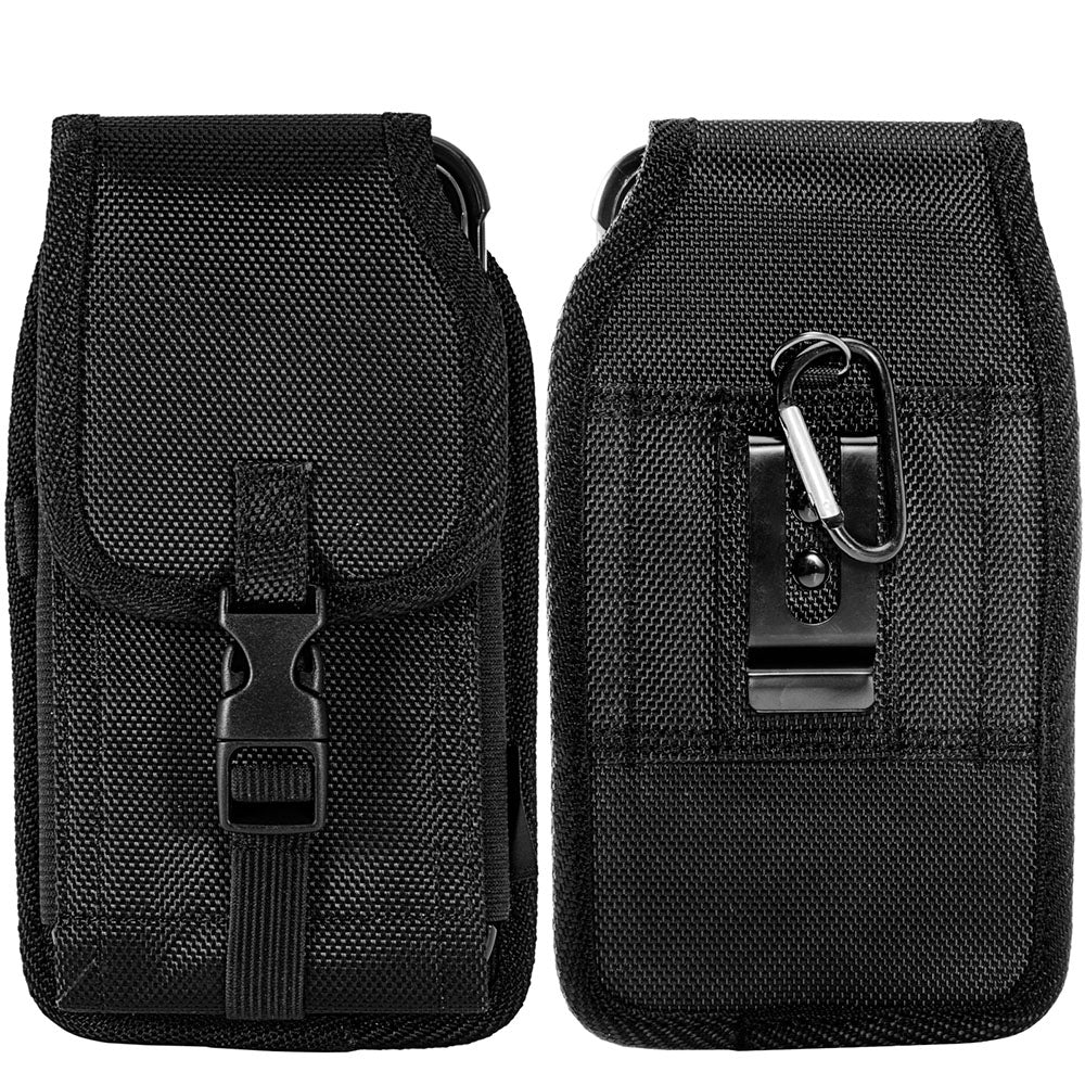 For Apple iPhone 16 Pro Max (6.9") Universal Pouch Case Vertical Phone Holster Nylon Cover with Front Buckle, Belt Clip Loop & Hook Carabiner [Black]