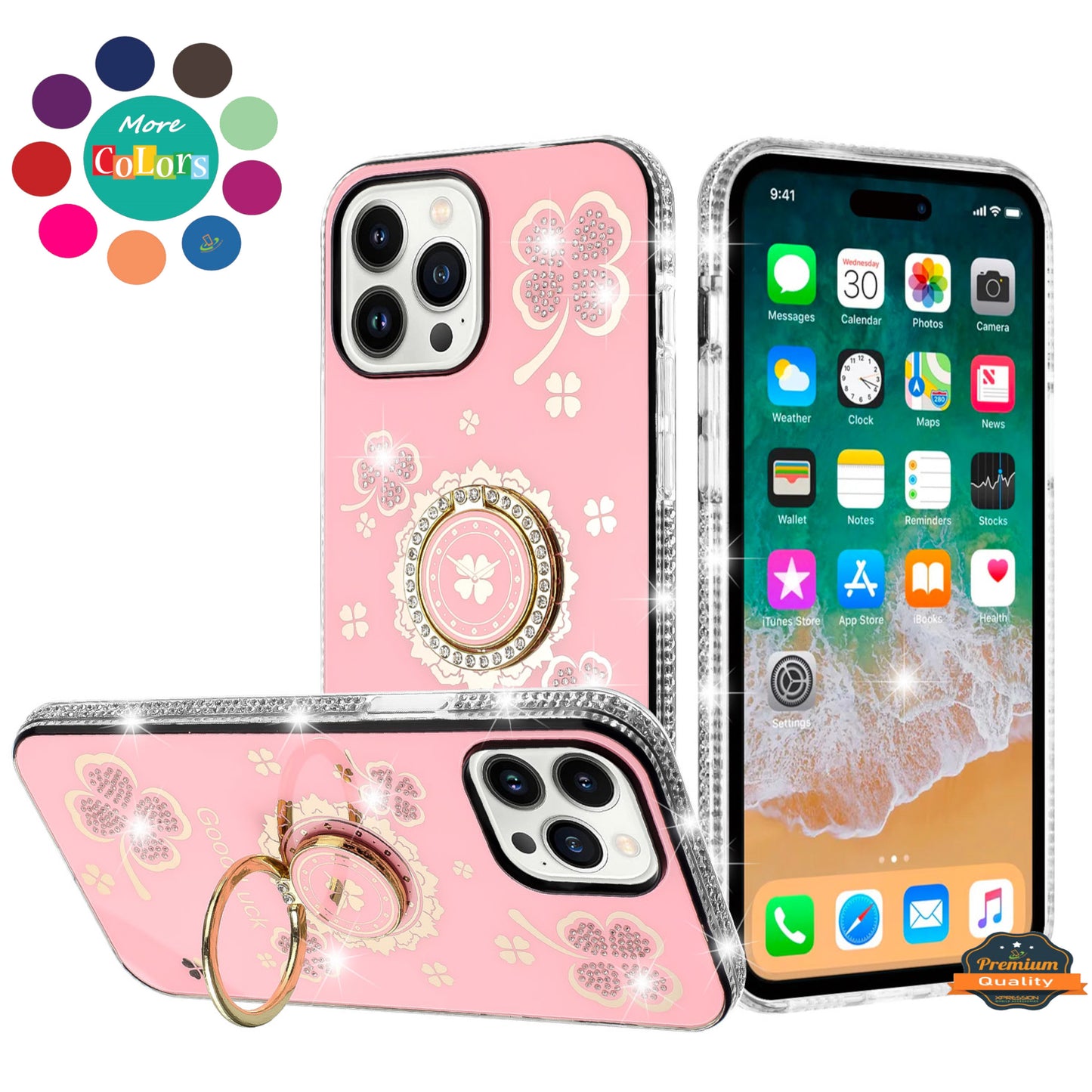 For Apple iPhone 11 Pro Max Diamonds Bling All Around Edges Sparkly Glitter Hybrid Ring Stand Holder Fashion Good Luck Case Cover