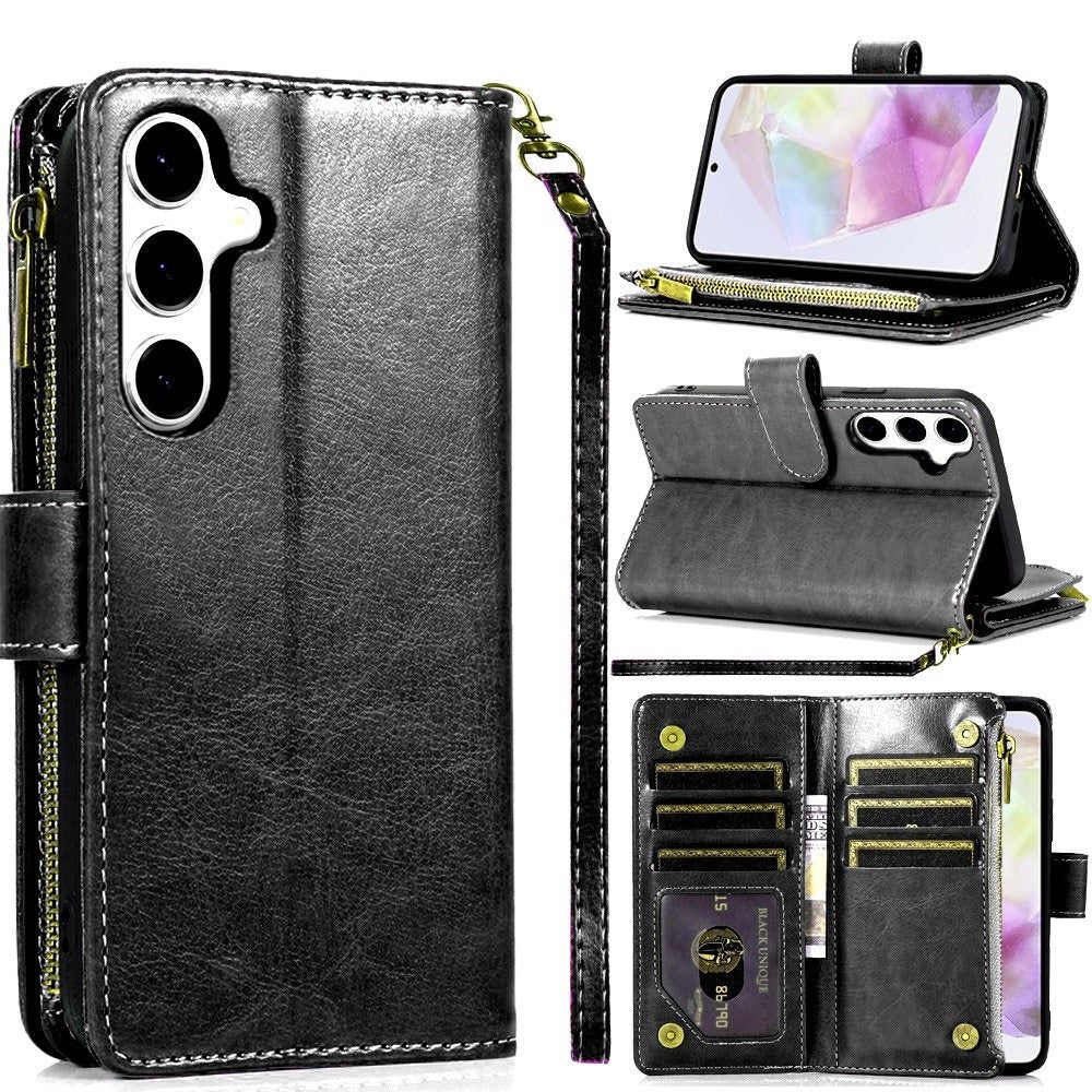 For Samsung Galaxy A36 Leather Zipper Wallet Case 9 Credit Card Slots Cash Money Pocket Clutch Pouch with Stand & Strap Case Cover Black