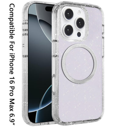 For Apple iPhone 16 Pro Max (6.9") Transparent Glitter Bling Sparkly Shiny Case Hybrid Magnetic Circle Compatible with MagSafe Shockproof Case Cover