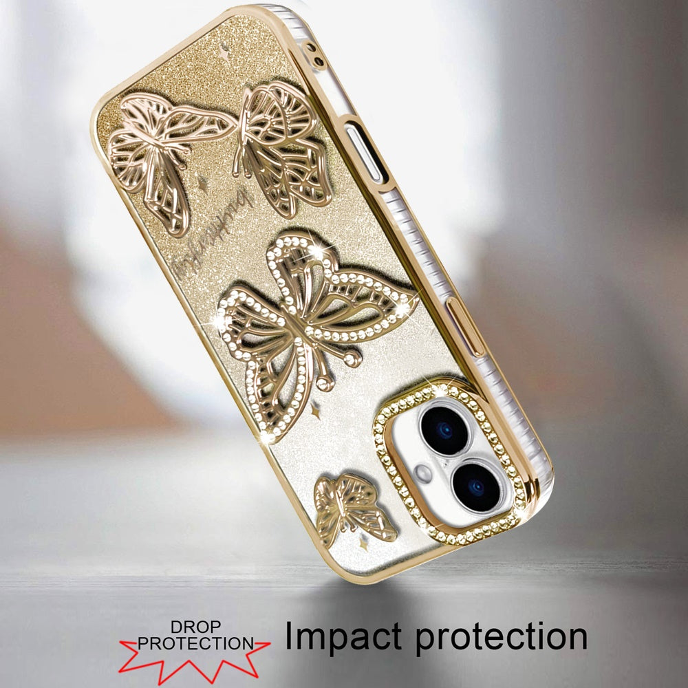 For Apple iPhone 12, Apple iPhone 12 Pro Luxury Butterfly Sparkle Glitter Diamond Crystal Rhinestone Shimmer Bling Plating Thick TPU Hard PC Case Cover