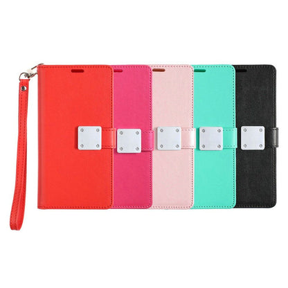 For Apple iPhone 16 (6.1") Wallet PU Leather Credit Card ID Cash Holder Slot Dual Flip Pouch with Stand and Strap Case Cover