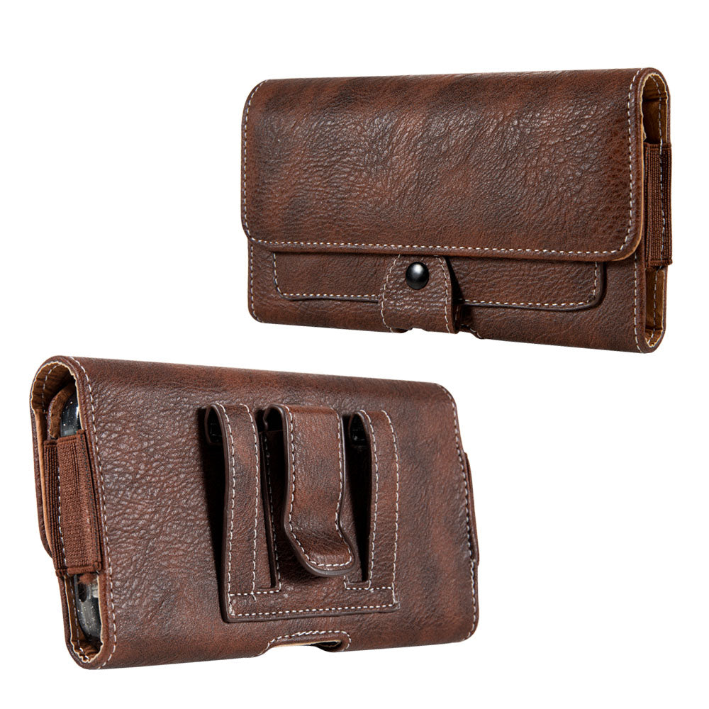 For Apple iPhone 16 Pro Max (6.9") Universal Pouch Case Horizontal Phone Holster Leather Cover with Pouch ID Credit Card Holder Slots and Belt Clip Loop, XXL [Brown]