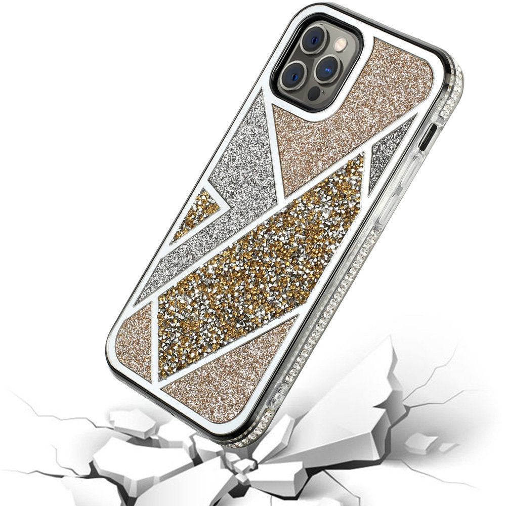 For Apple iPhone 16 Pro Max (6.9") Cute Fancy Glitter Bling Diamond Rhinestone Sparkly Bumper Fashion Shiny Hybrid Rugged TPU Case Cover Gold