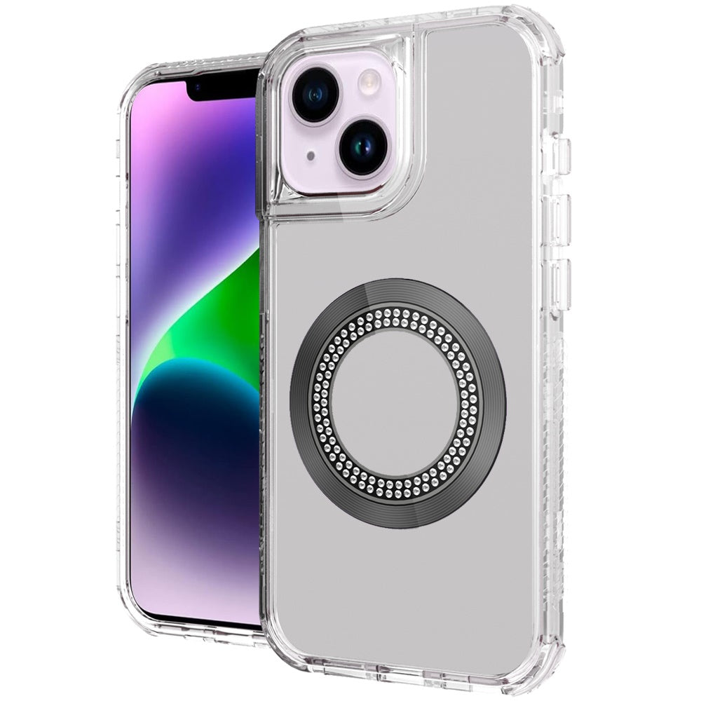 For Apple iPhone 14 / iPhone 13 (6.1") Magnetic Ring Circle Bling Chrome 3in1 Hybrid [Compatible with Magsafe] Transparent Shockproof Case Cover