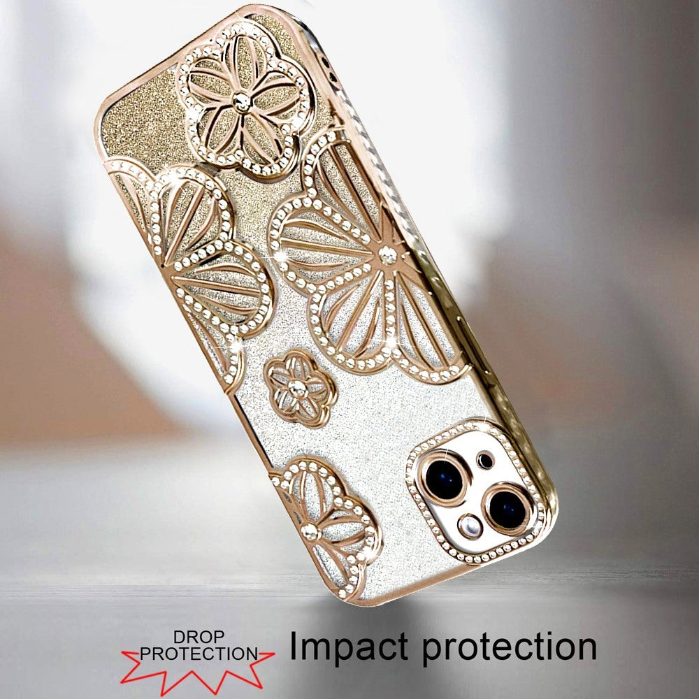 For Apple iPhone 11 (6.1") Luxury Floral Design Sparkle Glitter Diamond Crystal Rhinestone Shimmer Bling Plating Thick TPU Hard PC Case Cover