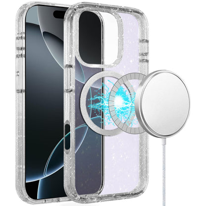 For Apple iPhone 16 Pro Max (6.9") Transparent Glitter Bling Sparkly Shiny Case Hybrid Magnetic Circle Compatible with MagSafe Shockproof Case Cover