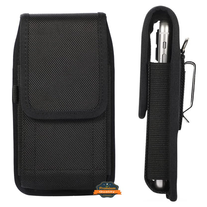 For Apple iPhone 16 Plus (6.7") Nylon Canvas Fabric Waist Belt Holster Vertical Pouch Holds XL Phone Works with Thick Cases Universal Cover [Black]