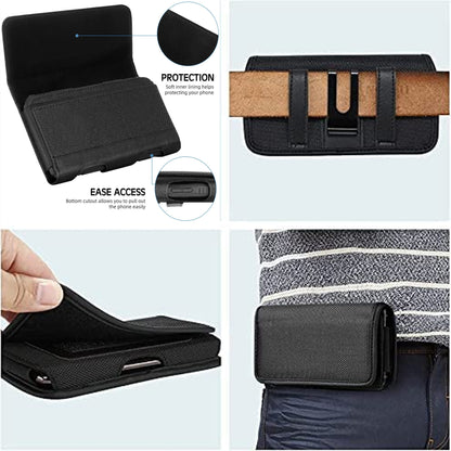 For Apple iPhone 16 Plus (6.7") Nylon Canvas Fabric Waist Belt Holster Horizontal Pouch Holds XL Phone Works with Thick Cases Universal Cover [Black]