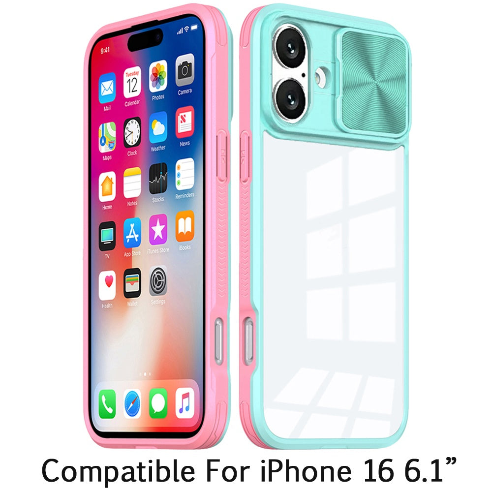 For Apple iPhone 16 (6.1") Hybrid Cases with Sliding Camera Cover Transparent Shockproof Bumper TPU Protective Case Cover