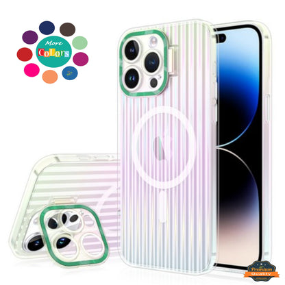 For Apple iPhone 15 Pro Max (6.7") Built-in Camera Kickstand Shockproof Iridescent Holographic Colorful TPU Protective  Phone Case Cover