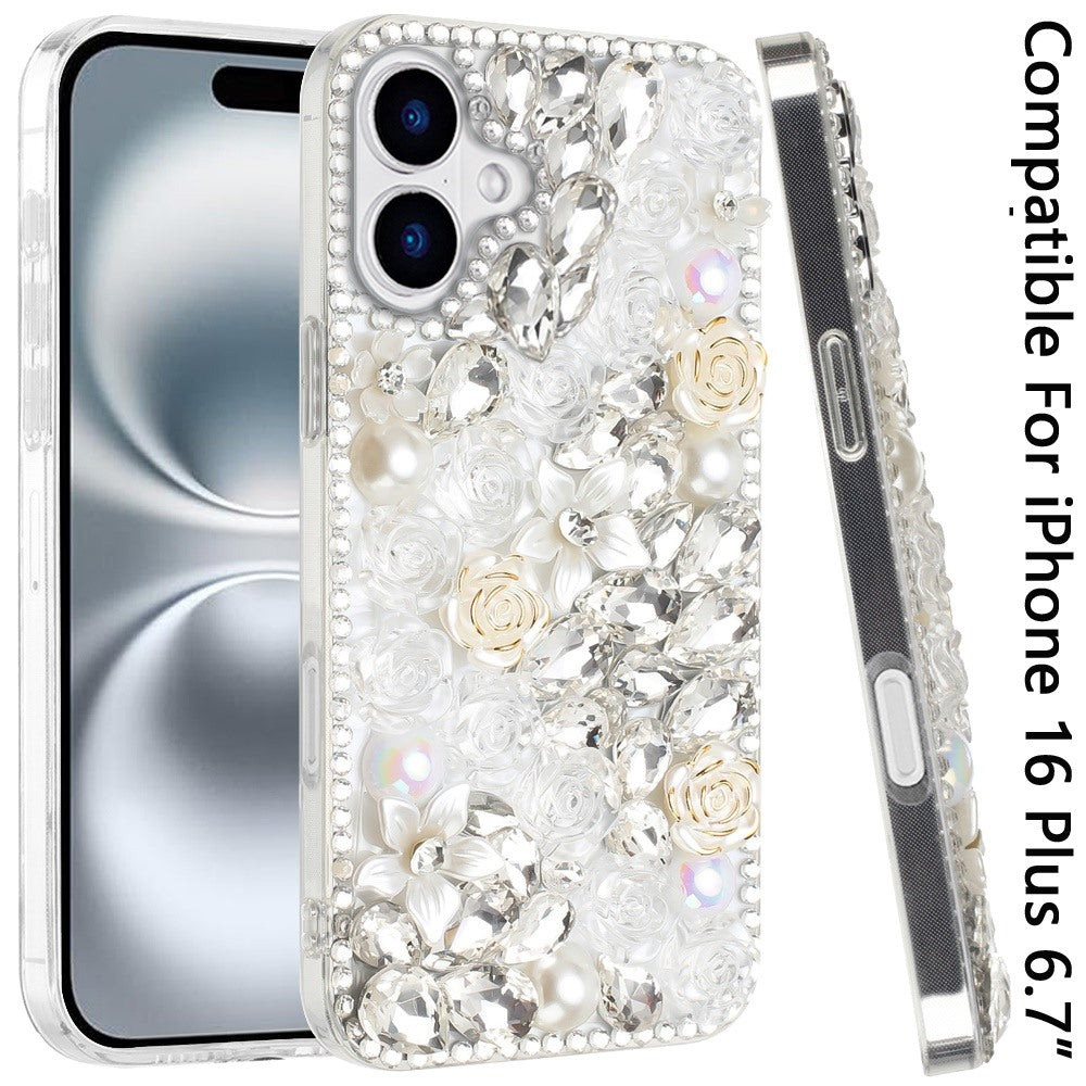 For Apple iPhone 16 Plus (6.7") Fashion Rose Flower Floral Bling Crystal 3D Full Diamonds Pearl Sparkle Rhinestone Glitter Hybrid Case Cover