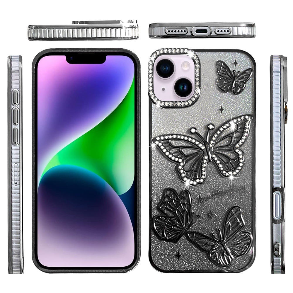 For Apple iPhone 12, Apple iPhone 12 Pro Luxury Butterfly Sparkle Glitter Diamond Crystal Rhinestone Shimmer Bling Plating Thick TPU Hard PC Case Cover