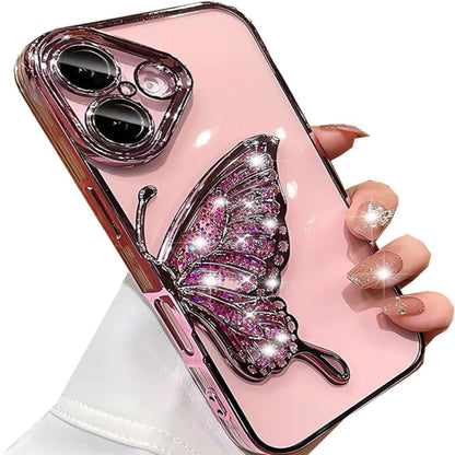 For Apple iPhone 16 Pro (6.3") Glitter 3D Butterfly Bling Luxury Electroplate Chrome Sparkle Liquid Flowing Plating Bumper Case Cover