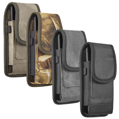 For Apple iPhone 16 Plus (6.7") Universal Vertical Fabric Case Holster with 2 Card Slots, Pen Holder, Belt Clip Loop & Hook Carrying Phone Pouch [Brown]