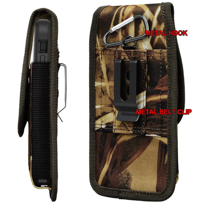 For Apple iPhone 16 Pro Max (6.9") Vertical Camouflage Nylon Canvas Holster Universal Cell Phone Pouch Velcro Closure with Credit Card Slot & Belt Clip Loop Carabiner [Hunting Camo]