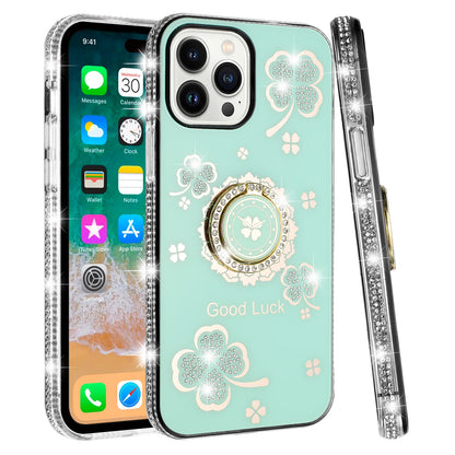 For Apple iPhone 16 Pro Max (6.9") Diamonds Bling All Around Edges Sparkly Glitter Hybrid with Ring Stand Holder Fashion Good Luck Case Cover