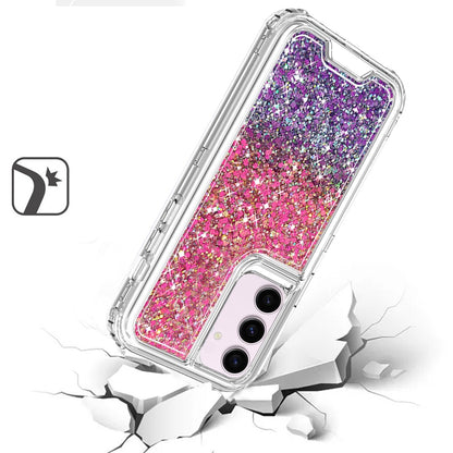 For Samsung Galaxy S24 FE /Fan Edition Epoxy Bling Glitter Sparkly 3in1 Shockproof Transparent Hybrid Shockproof Full Body PC Bumper Case Cover Hot Pink + Purple