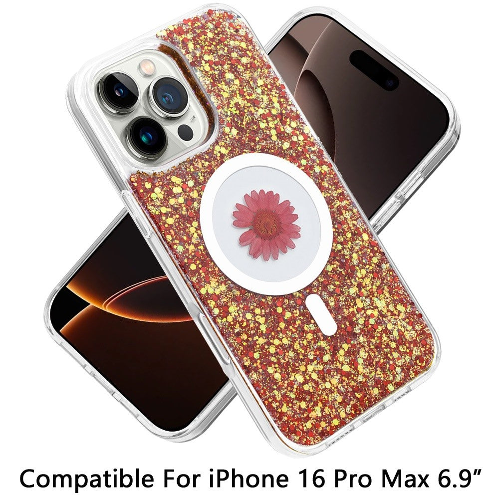 For Apple iPhone 16 Pro Max (6.9") Magnetic Circle MagSafe Wireless Compatible Epoxy Glitter Flower Shiny Sparkle Bling Hybrid Slim TPU Case Cover