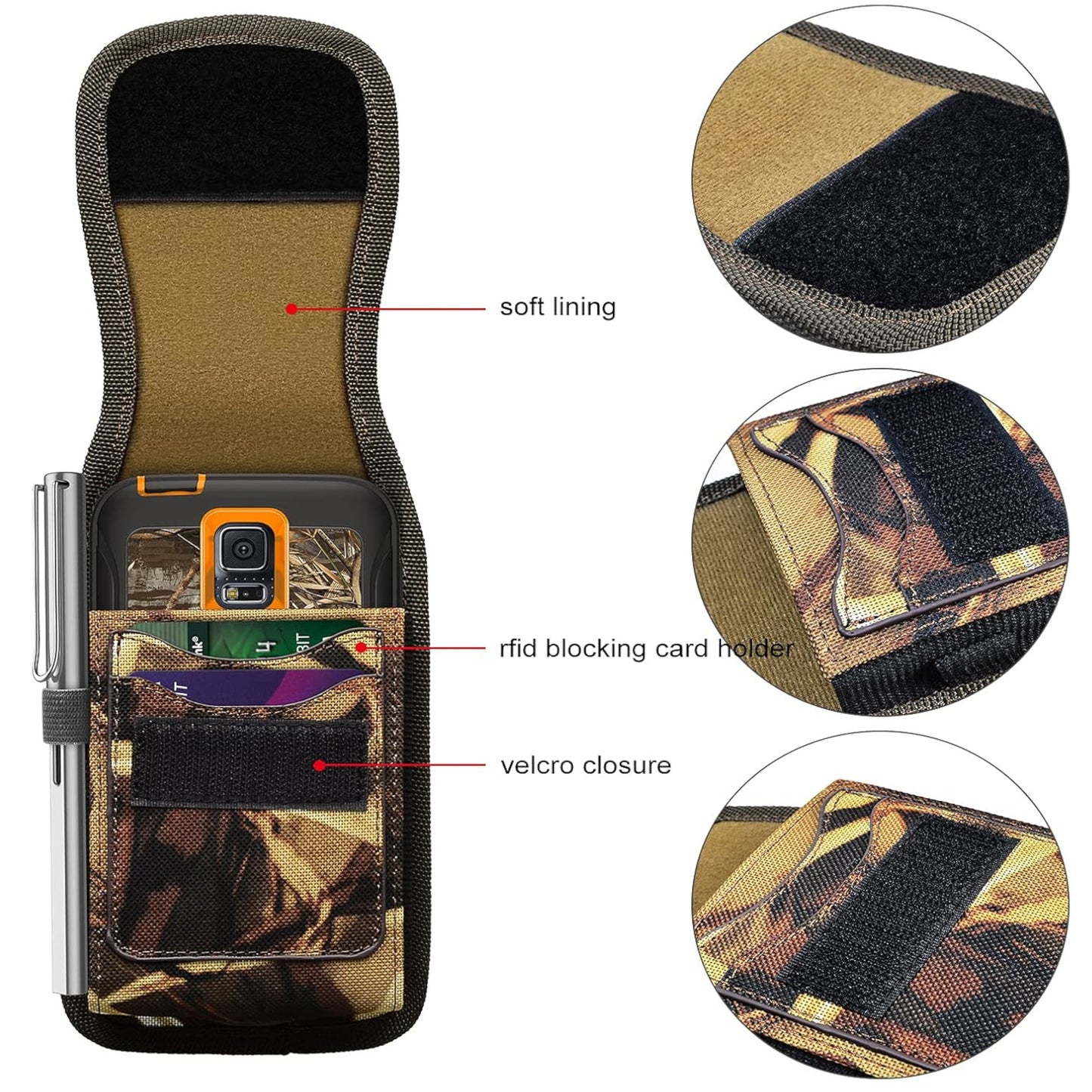 For Apple iPhone 16 Pro Max (6.9") Vertical Camouflage Nylon Canvas Holster Universal Cell Phone Pouch Velcro Closure with Credit Card Slot & Belt Clip Loop Carabiner [Hunting Camo]