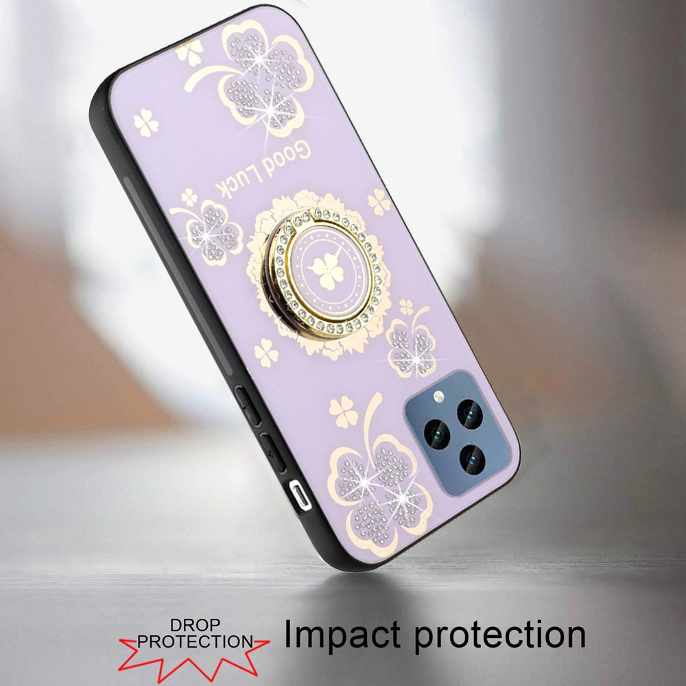 For Apple iPhone 12 Pro Max Diamonds 3D Bling Sparkly Glitter Ornaments Engraving Hybrid Metal Fashion Case Cover Purple Good Luck Floral