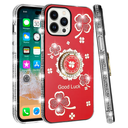 For Apple iPhone 11 Pro Max Diamonds Bling All Around Edges Sparkly Glitter Hybrid Ring Stand Holder Fashion Good Luck Case Cover