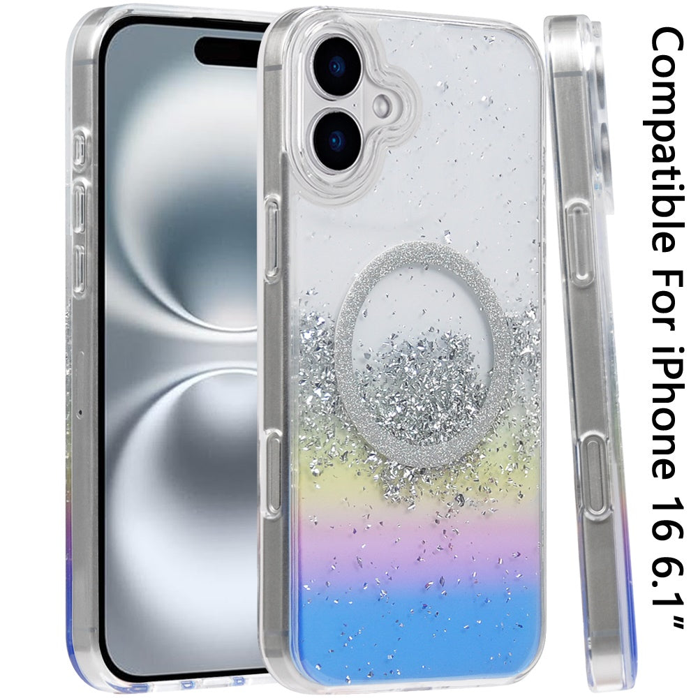 For Apple iPhone 16 (6.1") Transparent Epoxy Glitter Magnetic Circle Compatible with MagSafe Hybrid Bling Sparkle Hard PC Slim TPU Case Cover