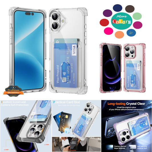 For Apple iPhone 16 (6.1") Wallet Clear Case with Credit Card Holder Rubber Silicone TPU Protection Corner Bumper Shockproof Case Cover