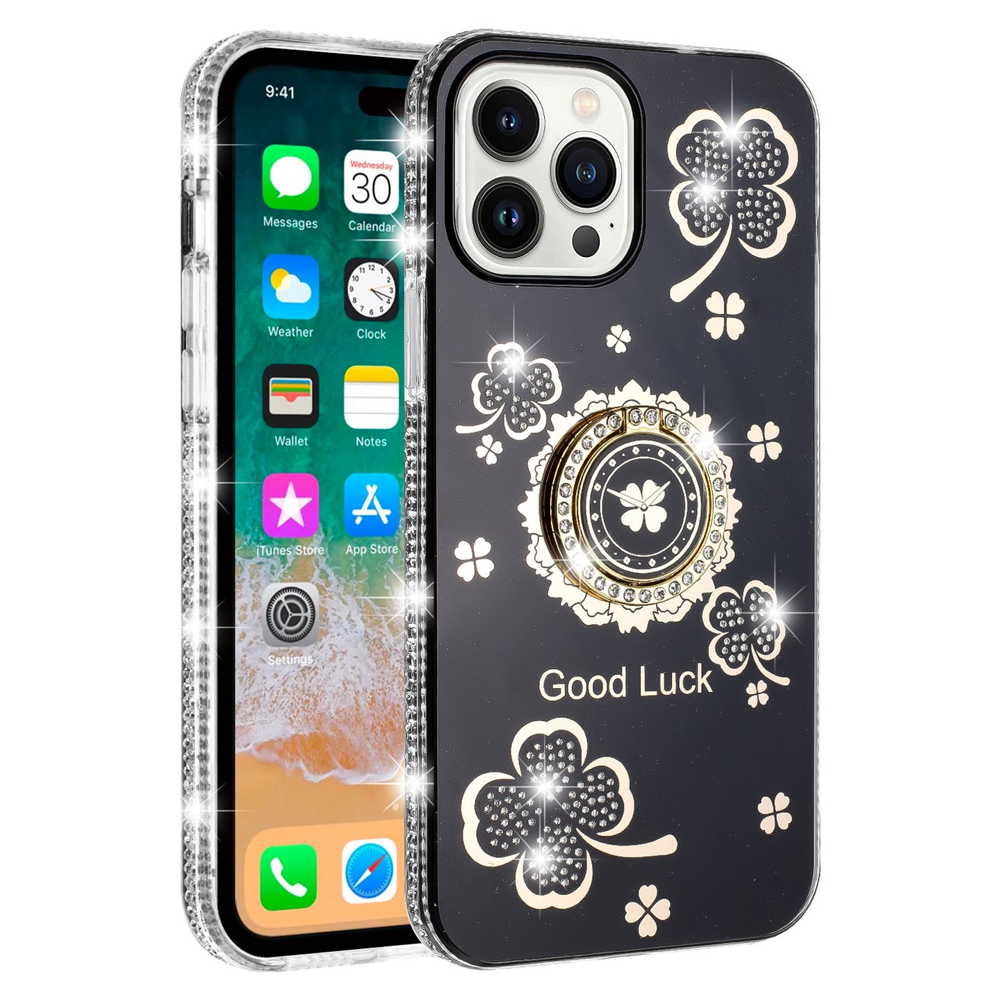 For Apple iPhone 16 Pro Max (6.9") Diamonds Bling All Around Edges Sparkly Glitter Hybrid with Ring Stand Holder Fashion Good Luck Case Cover