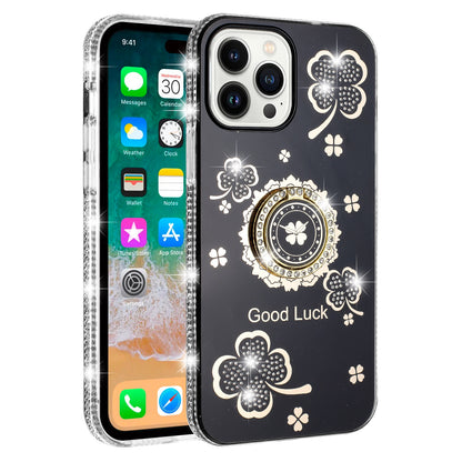 For Apple iPhone 12 Pro Max Diamonds Bling All Around Edges Sparkly Glitter Hybrid with Ring Stand Holder Fashion Good Luck Case Cover