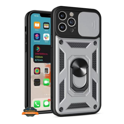 For Apple iPhone 15 (6.1") Built in Sliding Camera Lens Protection & Finger Ring Stand Holder Hybrid PC Shockproof  Phone Case Cover