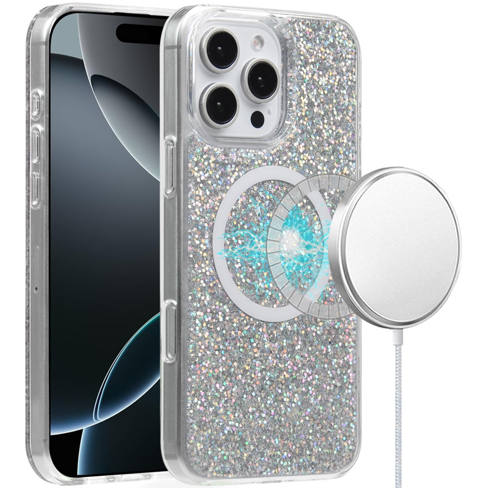 For Apple iPhone 16 Plus (6.7") Transparent Epoxy Glitter Magnetic Circle Compatible with MagSafe Hybrid Bling Sparkle Hard PC Slim TPU Case Cover