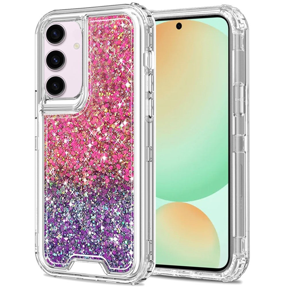 For Samsung Galaxy S24 FE /Fan Edition Epoxy Bling Glitter Sparkly 3in1 Shockproof Transparent Hybrid Shockproof Full Body PC Bumper Case Cover Hot Pink + Purple