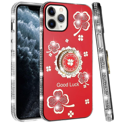 For Apple iPhone 11 Pro Max Diamonds Bling All Around Edges Sparkly Glitter Hybrid Ring Stand Holder Fashion Good Luck Case Cover