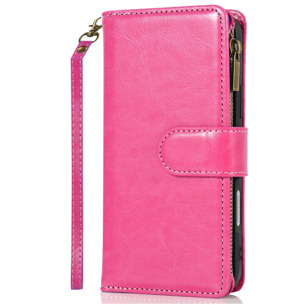 For Apple iPhone 16 (6.1") Leather Zipper Wallet Case 9 Credit Card Slots Cash Money Pocket Clutch Pouch Stand & Strap Case Cover Hot Pink