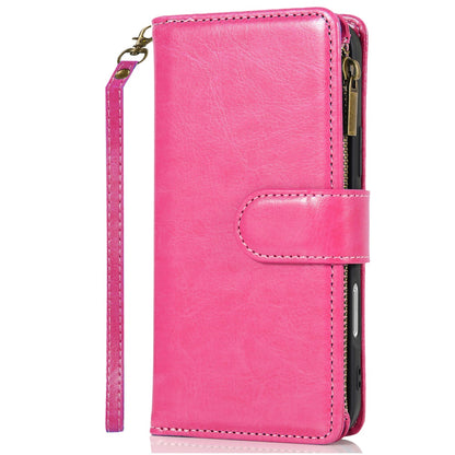 For Apple iPhone 16 (6.1") Leather Zipper Wallet Case 9 Credit Card Slots Cash Money Pocket Clutch Pouch Stand & Strap Case Cover Hot Pink