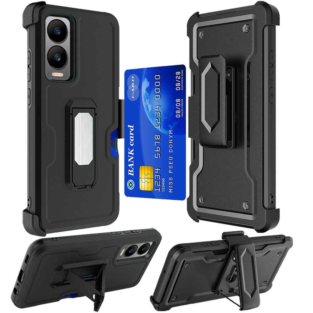 For Cricket Debut S3 Armor Shockproof Belt Clip Holster with Credit Card Holder, Kickstand Protective Full Body Heavy Duty Hybrid Case Cover Black