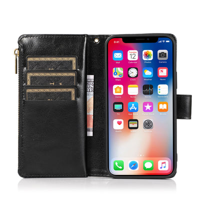 For Apple iPhone 16 Plus (6.7") Leather Zipper Wallet Case 9 Credit Card Slots Cash Money Pocket Clutch Pouch Stand & Strap Case Cover Black