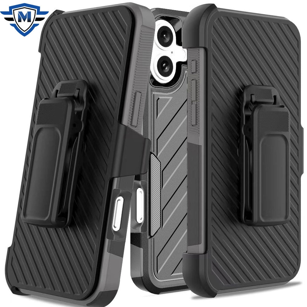 For Apple iPhone 16 (6.1") Premium Design Hybrid lined with Belt Clip Holster Shockproof Rugged Textured 2in1 Non Slip Tough Case Cover Gray