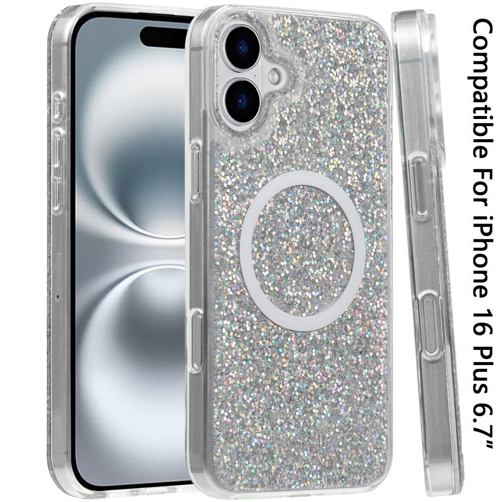 For Apple iPhone 16 Plus (6.7") Transparent Epoxy Glitter Magnetic Circle Compatible with MagSafe Hybrid Bling Sparkle Hard PC Slim TPU Case Cover