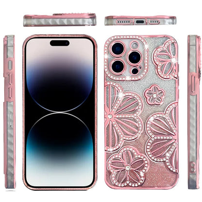 For Apple iPhone 11 Pro Max Luxury Floral Design Sparkle Glitter Diamond Crystal Rhinestone Shimmer Bling Plating Thick TPU Hard PC Case Cover