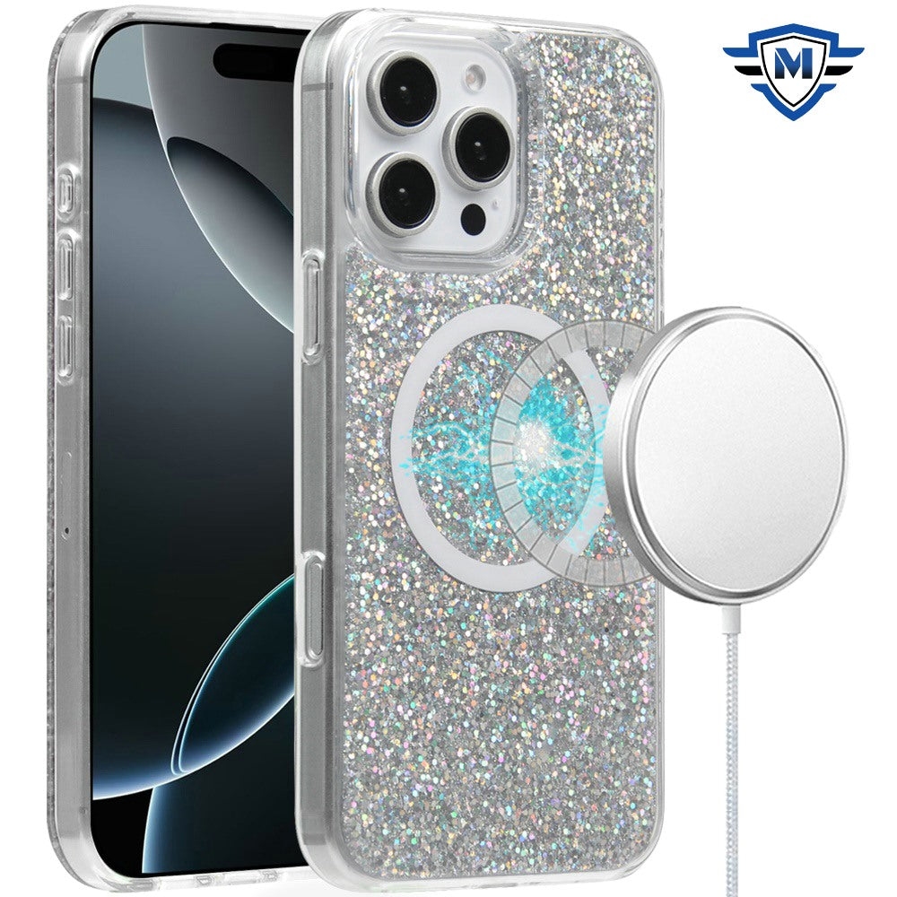 For Apple iPhone 16 Pro Max (6.9") Premium Transparent Epoxy Glitter Bling Magnetic Circle Compatible with MagSafe Hybrid Sparkle Case Cover