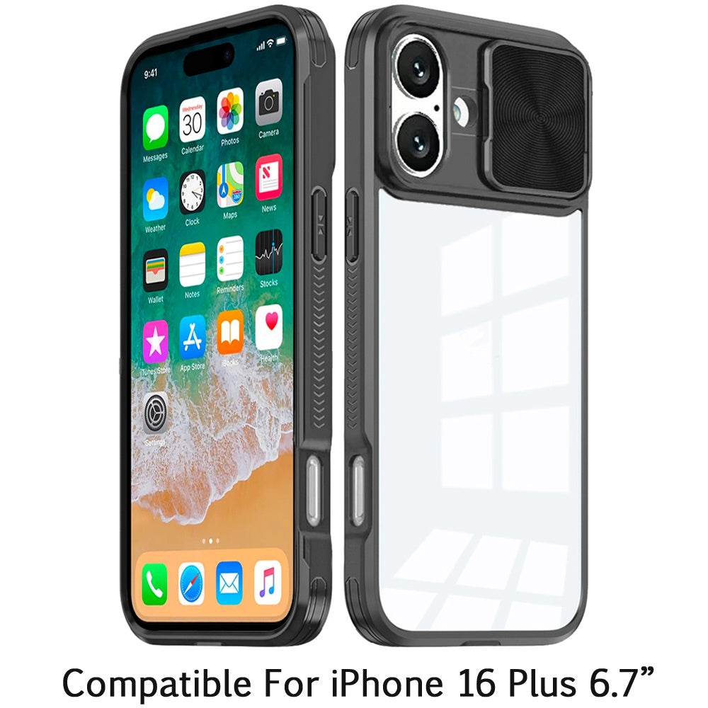 For Apple iPhone 16 Plus (6.7") Hybrid Cases with Sliding Camera Cover Transparent Shockproof Bumper TPU Protective Case Cover