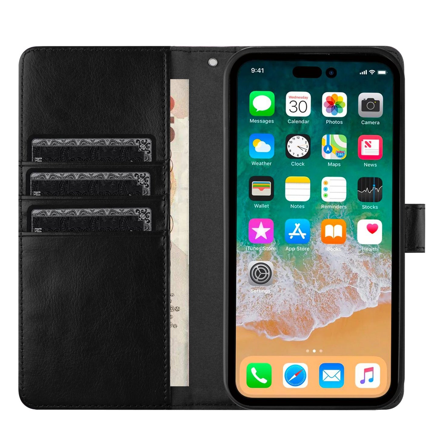 For Apple iPhone 16 Pro (6.3") Deattachable PU Leather Hybrid Wallet Money Credit Card Holder Support Magsafe Charger Case Cover Black