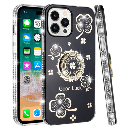 For Apple iPhone 12 Pro Max Diamonds Bling All Around Edges Sparkly Glitter Hybrid with Ring Stand Holder Fashion Good Luck Case Cover