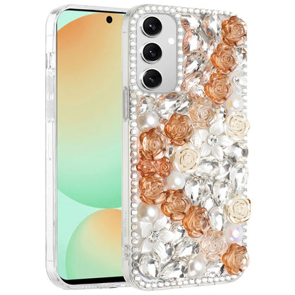 For Samsung Galaxy S24 FE /Fan Edition Fashion Rose Flower Floral Bling Crystal 3D Full Diamonds Pearl Sparkle Rhinestone Glitter Hybrid Case Cover