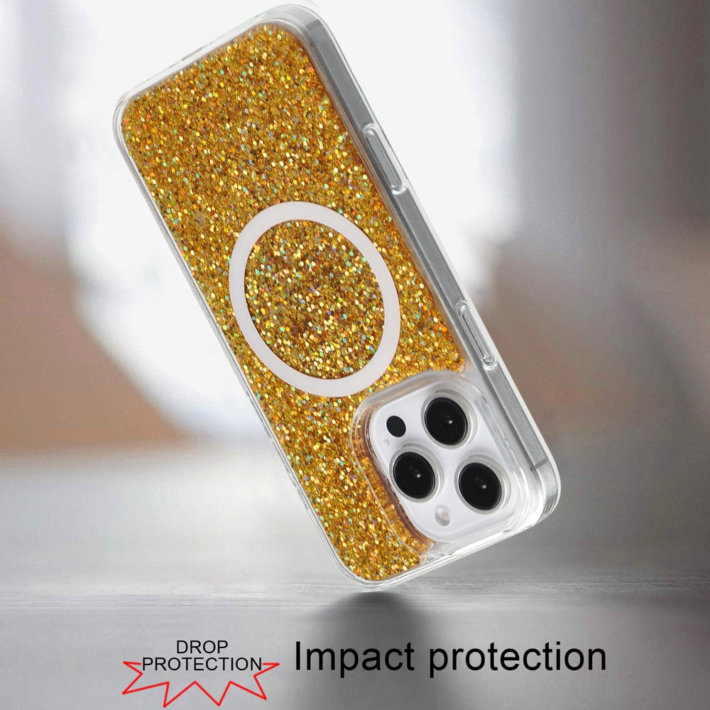 For Apple iPhone 16 Pro Max (6.9") Premium Transparent Epoxy Glitter Bling Magnetic Circle Compatible with MagSafe Hybrid Sparkle Case Cover